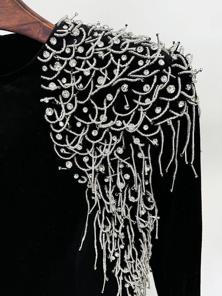 Hochwertiges Abendkleid aus Sternenserie mit Perlen besetztem Acetat-Samt und kleiner Schleppe für Damen_voghion.com
