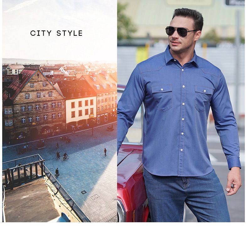 Herrenbekleidung Elastisches Denim Langarmhemd Fat Guy Frühling und Herbst Neue Freizeitmode Multi Pocket Shirt_voghion.com