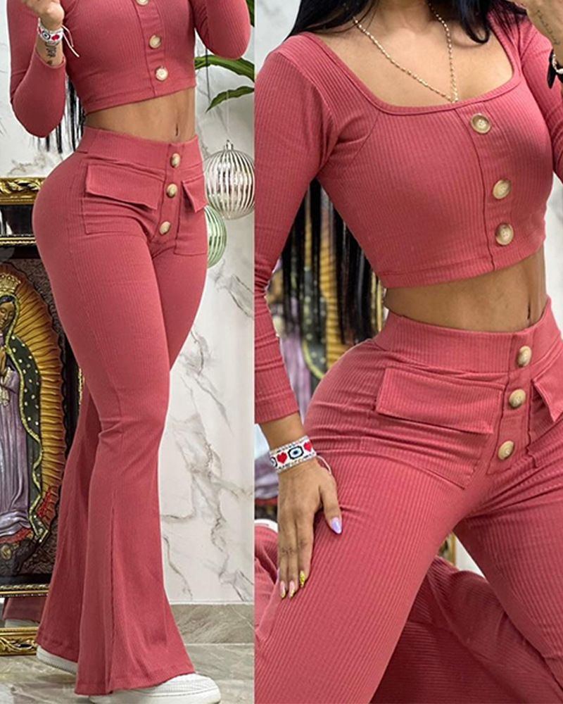 Casual pak met effen kleur en knopen en lange mouwen_voghion.com