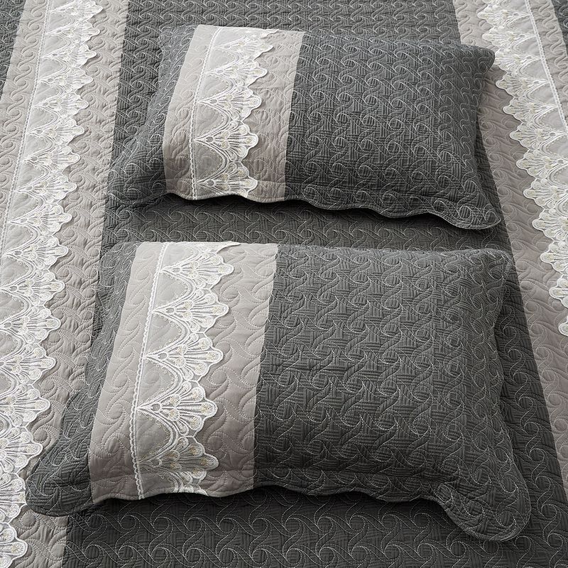 Juego de cama acolchado de 3 piezas: funda nórdica con bordado a computadora, ribete de encaje de burbujas y costuras florales de doble cara, cubrecama liso._voghion.com