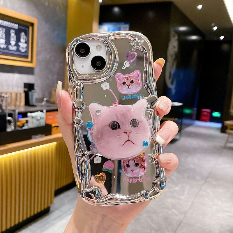 Three-dimensional wave applicable iPhone14PRO electroplated mirror cat bracket drop-resistant soft case  15 phone case_voghion.com