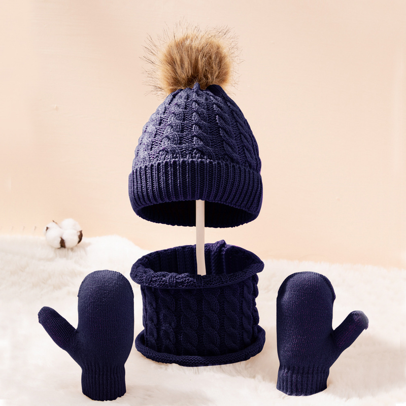 Baby clothing wool monochrome twist warm children's hat scarf gloves two or three sets_voghion.com