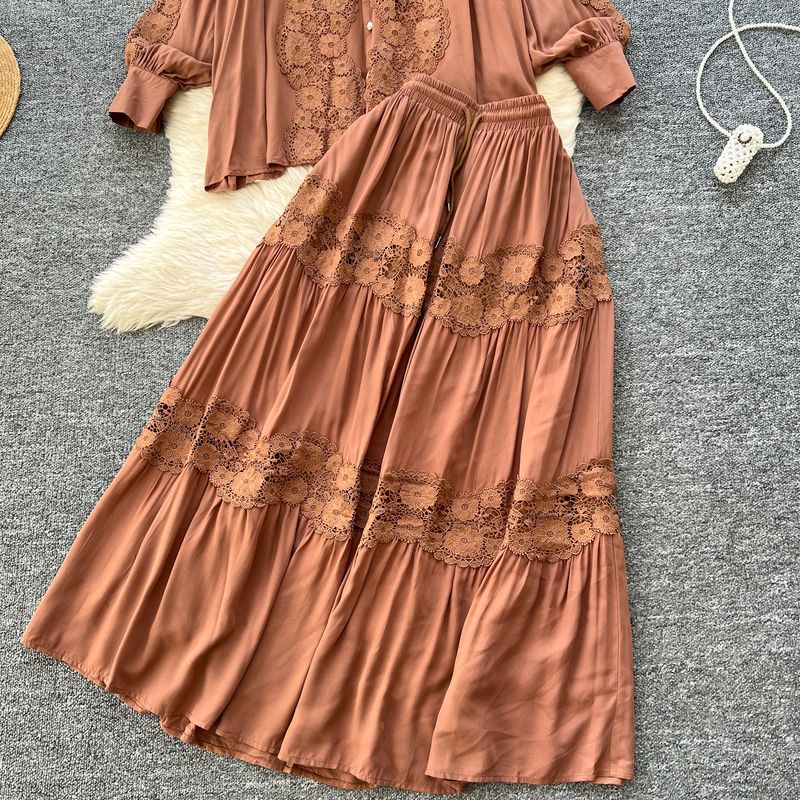 Damenbekleidung Frühling Zweiteiliger Anzug für Frauen im Palaststil Retro Hohle Spitzennähte Langarmhemd Hoch taillierter Rock_voghion.com