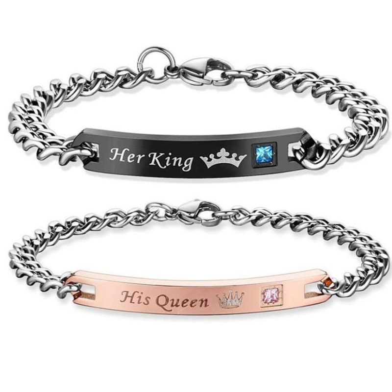 Yamaler Mode Hans Drottning Hennes Kung Titan Stål Par Armband Handled Kedja Smycken_voghion.com