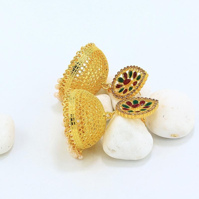 Orecchini pendenti Jhumka con campanelle dorate indiane arabe per donne Boho intagliati a forma di fiore Thailandia Egitto Piercing orecchino festa gioielli regalo_voghion.com