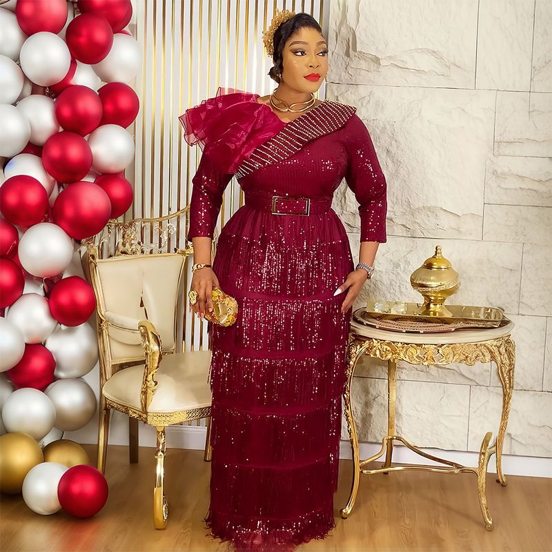 Plus Size Glitter Fringe Party Dress For Women - Elegant V-Neck Sequin Evening Gown With Layered Tulle Skirt (Wine Red, Royal Blue, Rose Purple)_voghion.com