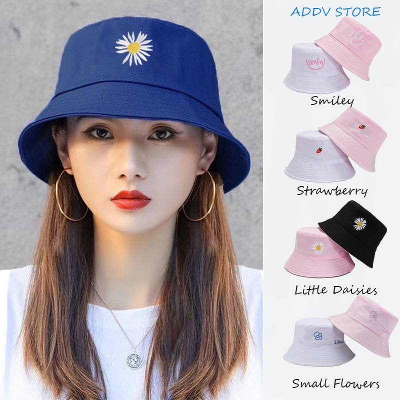 Women's Double-sided Embroidered Smiley Fisherman Hat Wholesale Double Sided with Basin Cap Seasonal Sun Hat Bucket Hat_voghion.com