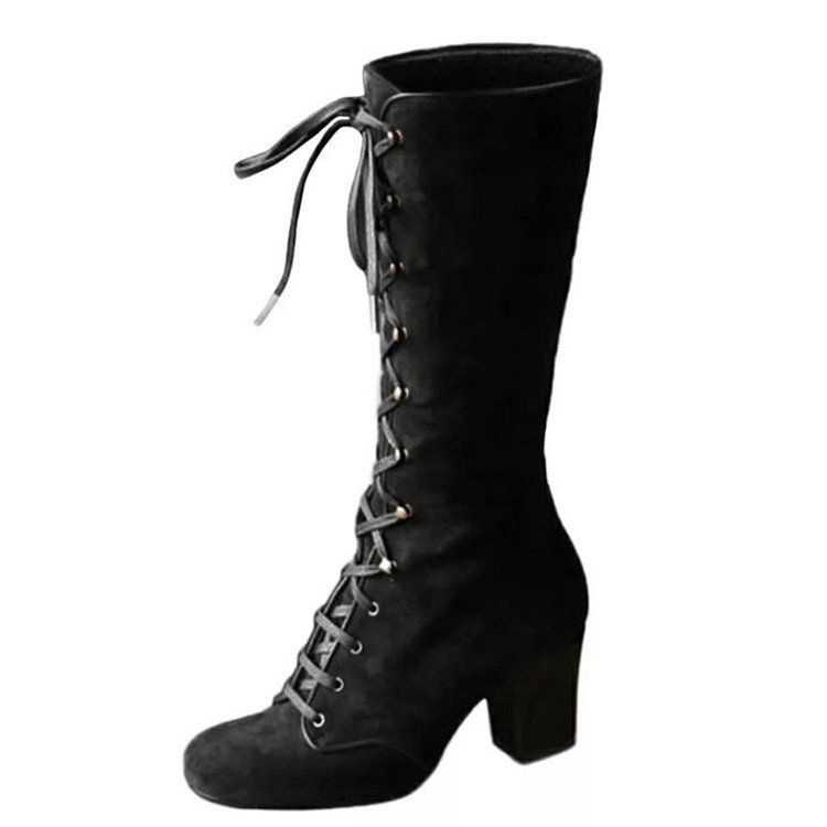 Stivali da donna con tacco quadrato, stile autunno inverno 2024, adatti a tutte le stagioni, taglie forti, alti sopra il ginocchio, con lacci, color-block._voghion.com