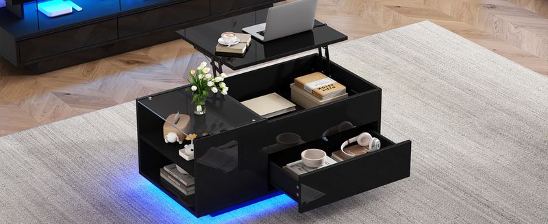 Table basse réglable en hauteur 95 x 48 x 42 cm avec rangement dissimulé, éclairage LED, tiroir et prise de courant - Table d'appoint de salon noire_voghion.com