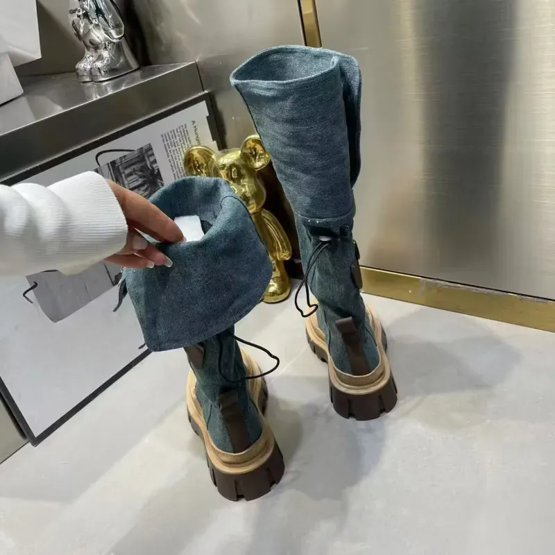Retro Denim Chunky Platform For Women 2024 Autumn Patchwork Western Style Cowboy Boots Woman Thick Heels Mid Calf Botas_voghion.com