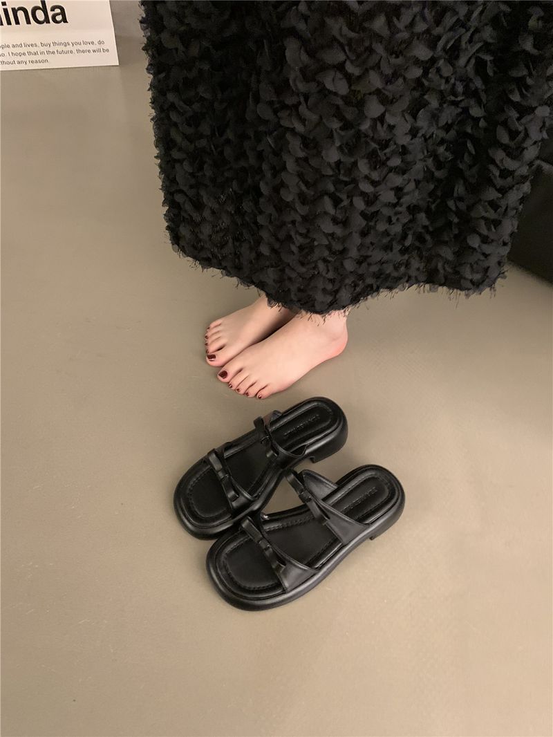 Chunky Heel French Bowknot Sandals Women's Beach Shoes Spring Summer White One-Strap Slippers_voghion.com