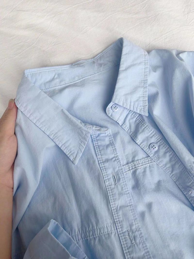 Robe en coton bleu clair style forêt pour femme, idéale pour le printemps et l'automne, coupe ajustée et polyvalente, taille S. Épaules classiques._voghion.com