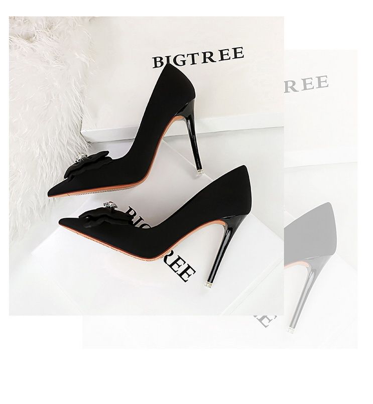 18249-H33 Korean Fashion Banquet Thin Heels, Shallow Mouth, Pointed Water Diamond Bow, High Heel Single Shoes For Women_voghion.com