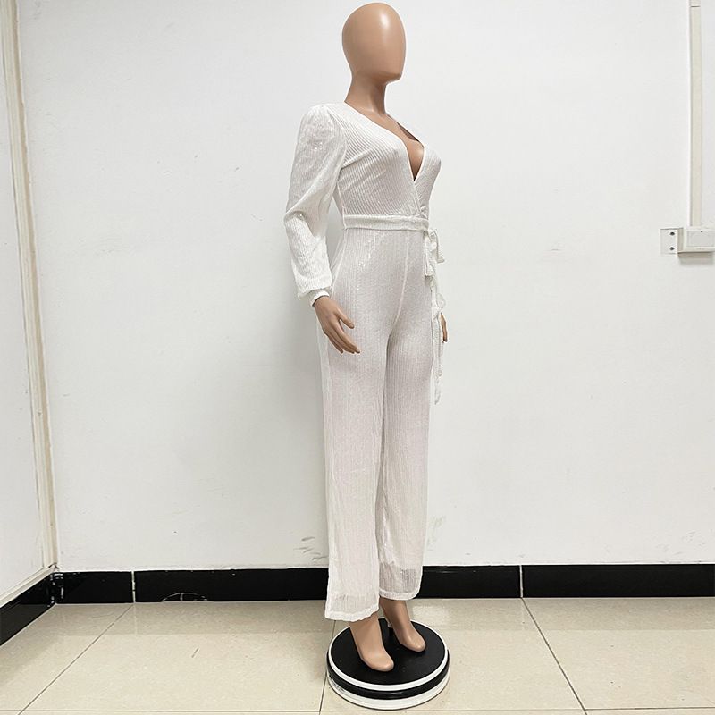 Damkläder Ins Style Deep V Mode Casual Jumpsuit Långärmat Bälte Paljett Jumpsuit Dam_voghion.com
