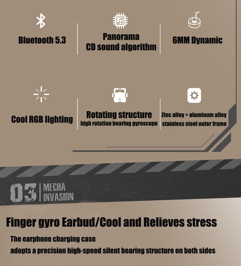 INVA-S TWS kabellose Ohrhörer, mechanische InvasionLED-Fingergyro-Headsets mit BT5,3,6 mm dynamischen Bluetooth-Kopfhörern_voghion.com