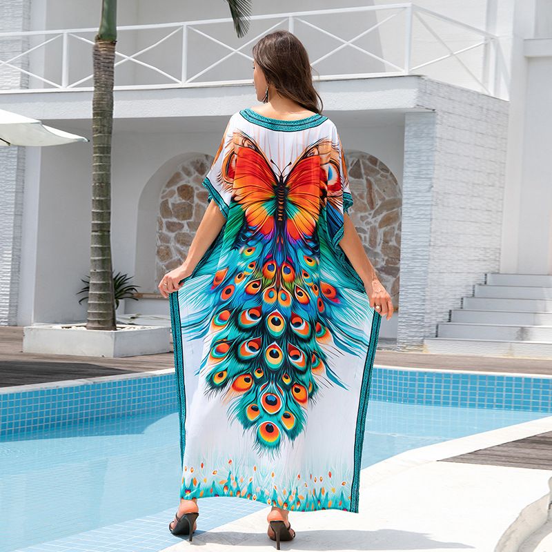 Robe de plage bohème – Jupe longue fluide en coton à imprimé exotique (taille unique, paon/papillon/zèbre/amour)_voghion.com