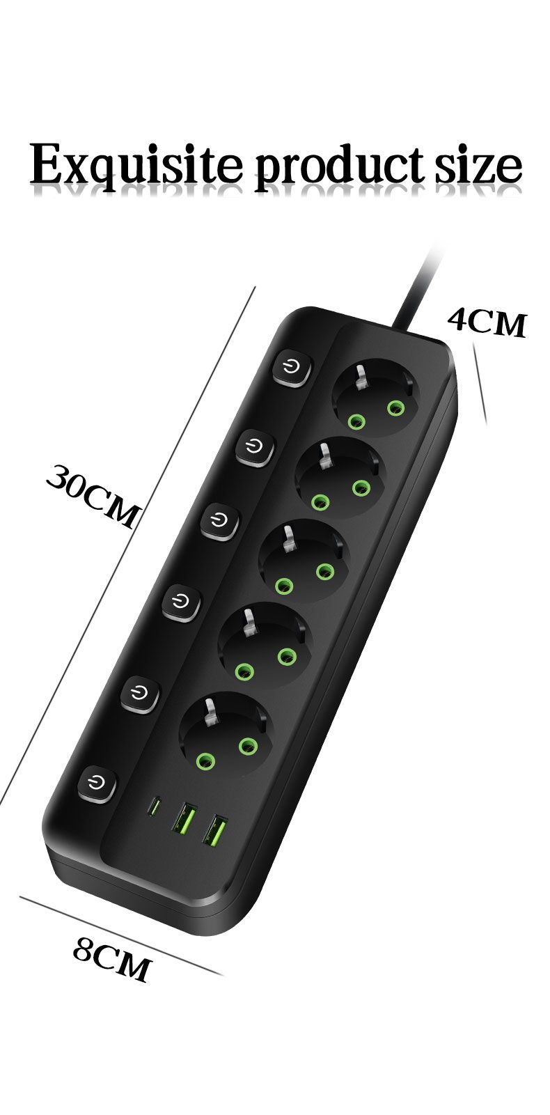 EU-Steckdosenleiste mit 3/5 AC-Steckdosen + 2 USB-Anschlüssen + 1 Typ C 6/8-in-1-Steckeradapter 2M Steckdose für das Home Office_voghion.com
