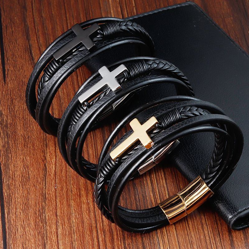 Edelstahl Gewebtes Armband Kreuz Echtes Leder Mehrschichtiger Herrenschmuck L20158_voghion.com