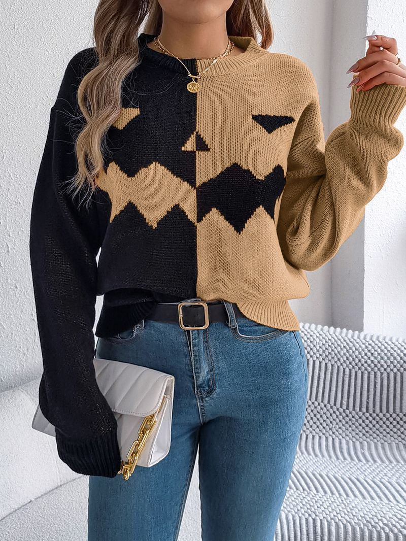 Autumn Winter Halloween Ghost Pumpkin Color-Block Long Sleeve Pullover Sweater Women's Fashion_voghion.com