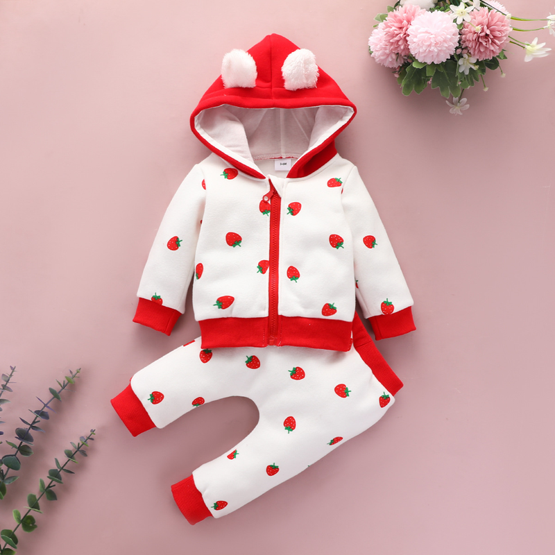Babytøj spædbørn og småbørn elsker hættedragt baby efterår og vinter langærmet lynlås sweater bukser jordbær todelt sæt_voghion.com