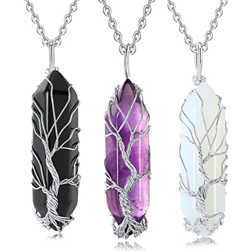 Handmade Tree Of Life Crystal Necklace - Hexagonal Prism Pendant With Winding Design For Spiritual & Boho Jewelry_voghion.com