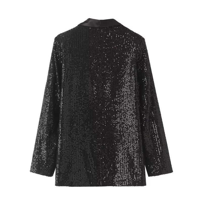 Blazer elegante a maniche corte con paillettes e motivo a pendolare, modello ZR, primavera 2024_voghion.com