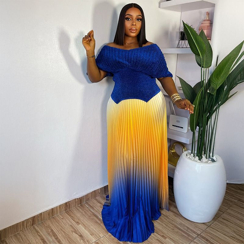 Damenbekleidung Neue Plus Size Damen Frühlingsrock Anzug Plissee Top Farbverlauf Faltenrock 2 Stück_voghion.com
