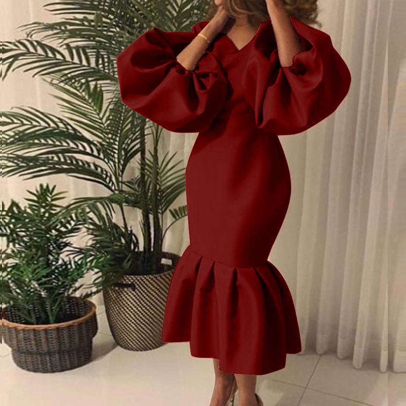 Jõulud Tänupühad Halloween Valentinipäev Ülisuur naiste ühevärviline V-kaelusega mullidega pikkade varrukatega kalasaba seelik Õhtukleit_voghion.com