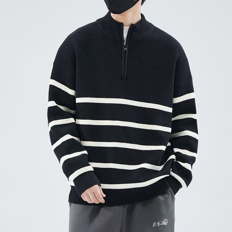 Neuer halbhochgeschlossener gestreifter Pullover mit Reißverschluss für Herren im Herbst und Winter, einfacher und vielseitiger, modischer und locker sitzender Pullover-Strickpullover_voghion.com