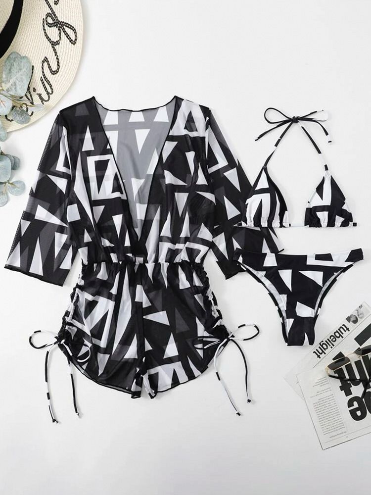 Costume da bagno intero da donna in rete con vita alta, stampa con coulisse, bikini in tre pezzi_voghion.com