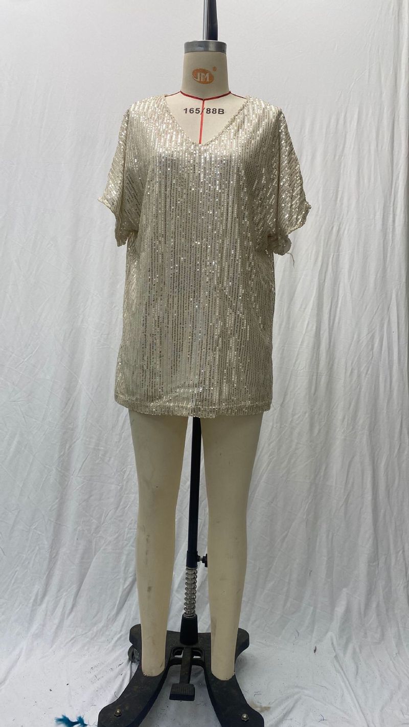2025 New Short Sleeved Urban Casual Color Loose Fitting Pullover Sequin V-neck T-shirt Top Women's Clothing_voghion.com