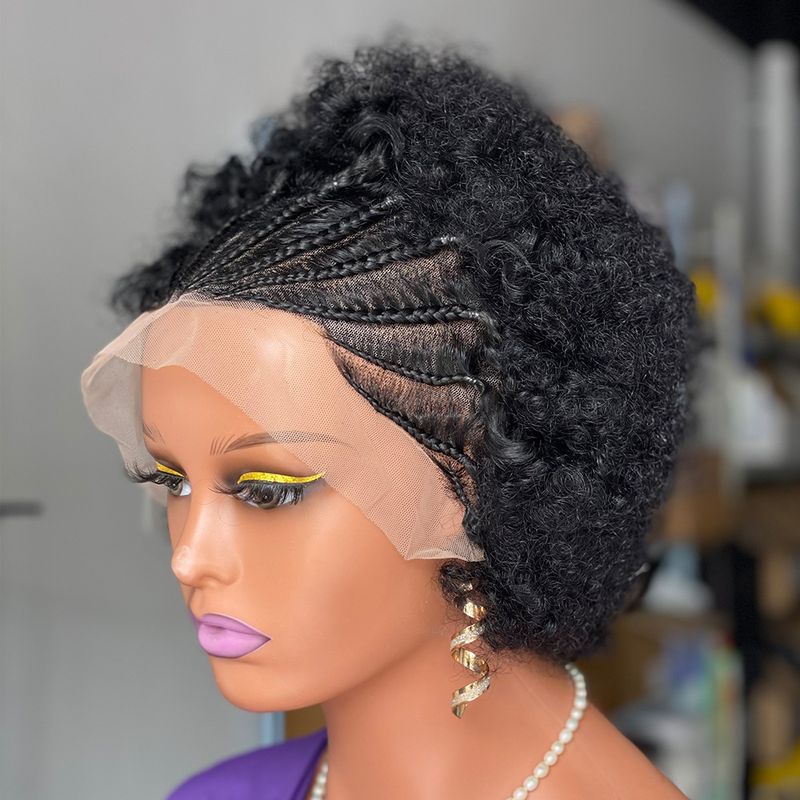 Geflochtene Afro-Perücke, 100 % Echthaar-Perücke, Echthaar-Spitzenperücke, kurzer Bob, Pixie-Bob, geflochtenes Haar_voghion.com