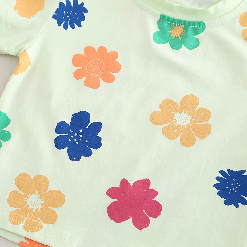 Neues Mädchen-Outfit, dünn und stilvoll, geeignet für Kinder im Sommer, Babys. Vollständig bedruckte, kurzärmelige Shorts mit Blumenmuster, zwei_voghion.com