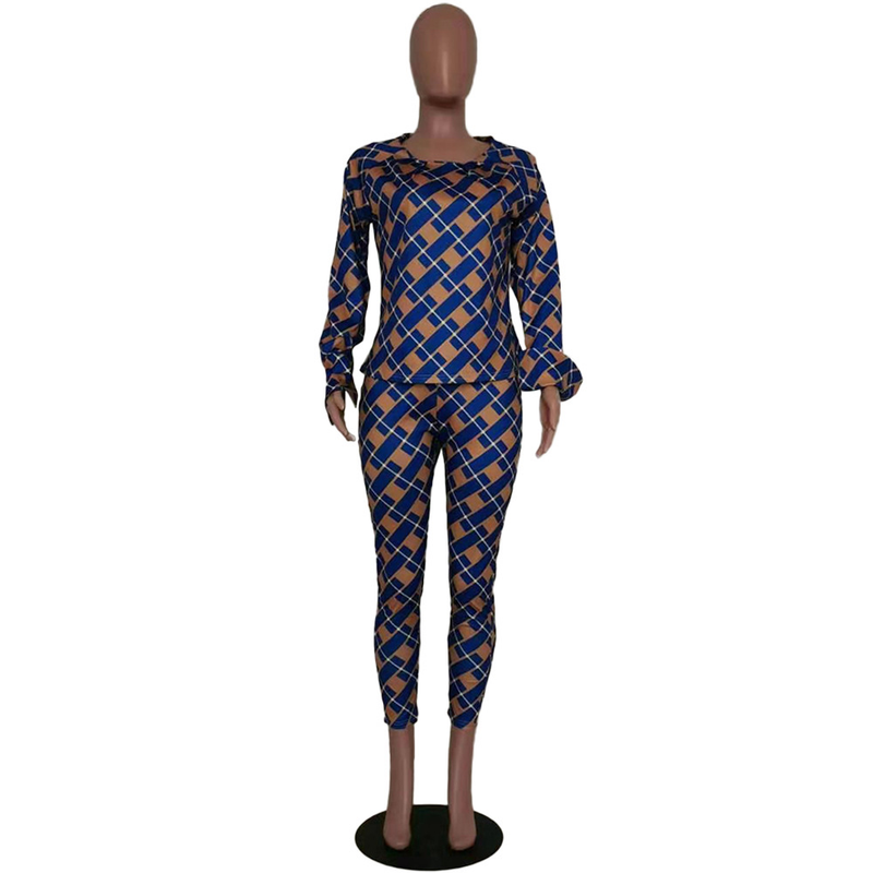 Explosieve losse blouse met lange mouwen en geruite broek, tweedelige set_voghion.com