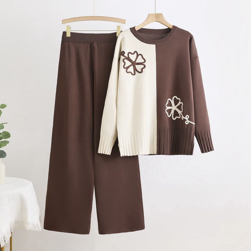Women's Clothing Color Matching Knitted Top Versatile Color-Block Knit Top & Solid Wide-Leg Pants Set – Stylish Loungewear For Casual & Office Wear_voghion.com