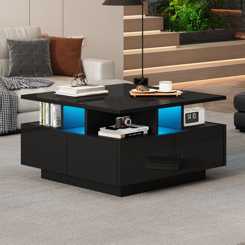 Table basse de salon noire brillante 70 x 70 x 40 cm avec éclairage LED, table d'appoint à 4 tiroirs, design géométrique, capacité de charge de 30 kg._voghion.com