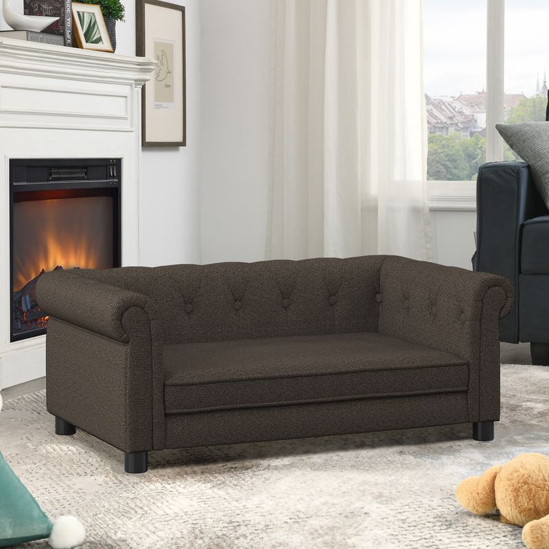 Elegant Rectangular Pet Bed For Small And Medium-sized Dogs, Durable Elevated Dog Sofa Bed, Comfortable Dog Sofa, Modern And Fashionable Linen Fabric Dog Sofa-Dark Brown_voghion.com