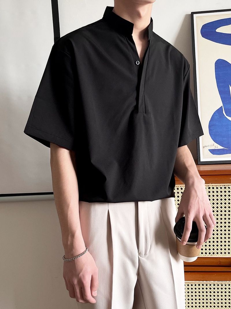 Polo da uomo con colletto alto di alta qualità - Maglia casual a maniche corte in seta ghiacciata leggera_voghion.com