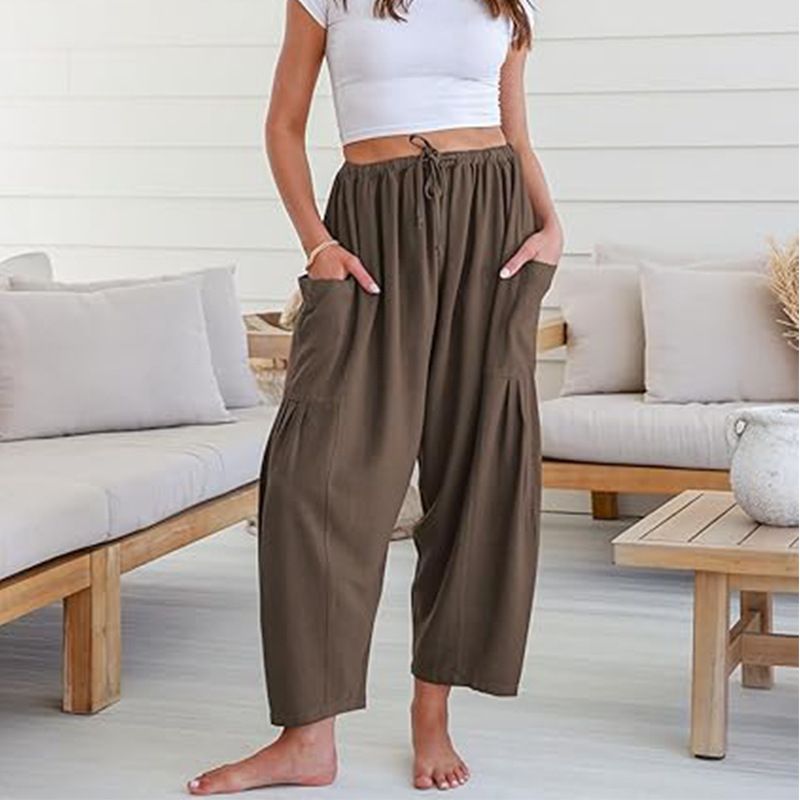 Pantaloni sportivi da spiaggia a gamba larga con coulisse, a vita media, casual e larghi, da donna, modello 2025, con tasche_voghion.com