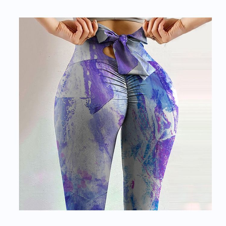 Pantaloni da yoga da yoga da donna con stampa multicolore antirughe sull'anca, dimagranti a vita alta, con fiocco elasticizzato_voghion.com