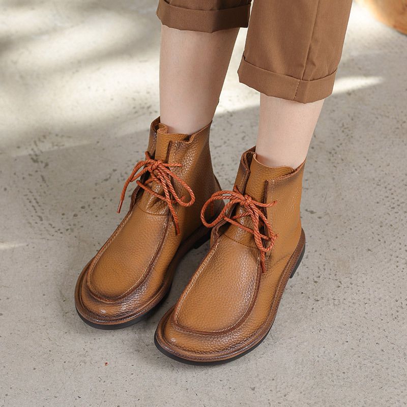 Women's Handmade Casual Low Heel Martin Autumn Winter Sole Soft Surface Cowhide Short Boots_voghion.com
