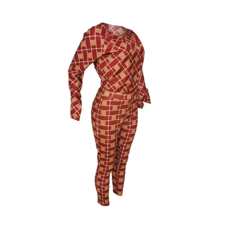 Explosieve losse blouse met lange mouwen en geruite broek, tweedelige set_voghion.com