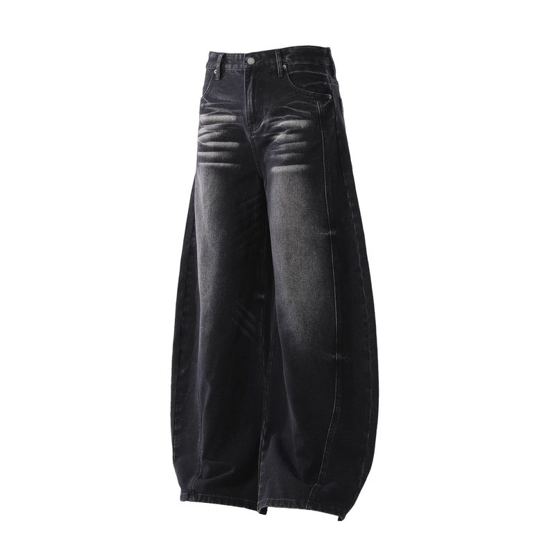 Deconstructed Raw Hem Men's Jeans | American High Street Baggy J-Curve Fit With Whisker Wash_voghion.com