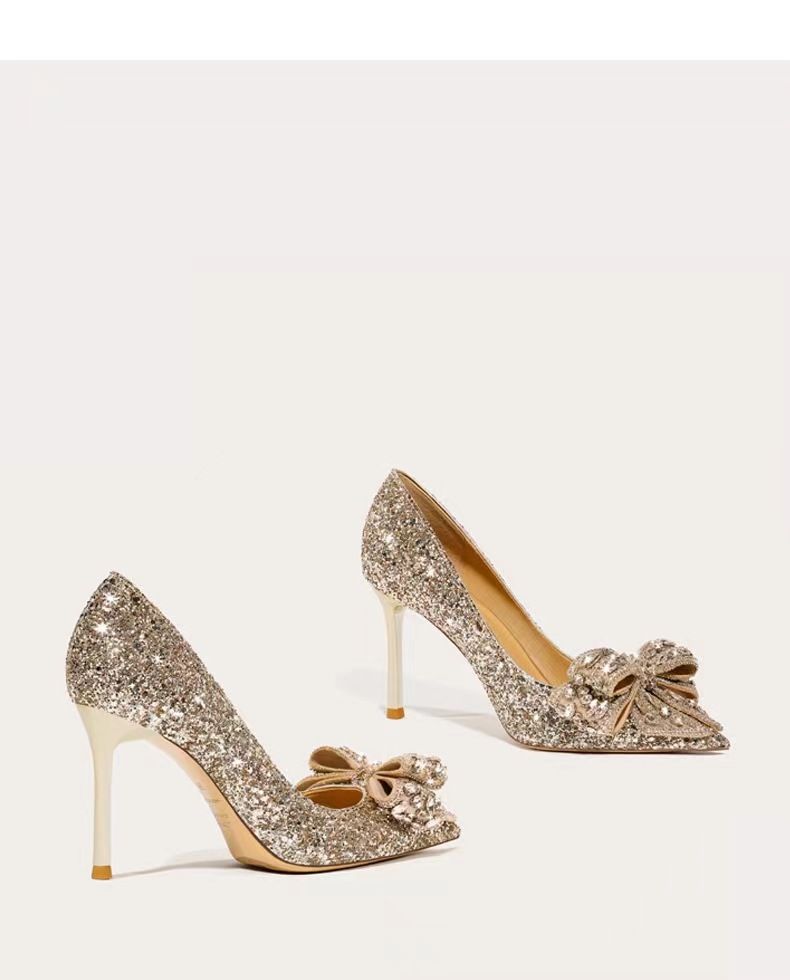 Wedding Shoes Bridal Shoes Master Wedding Dress Banquet Water Diamond Bow Silver Sequins Fine Heels Shoes Bridesmaid Crystal High Heels Shoes_voghion.com