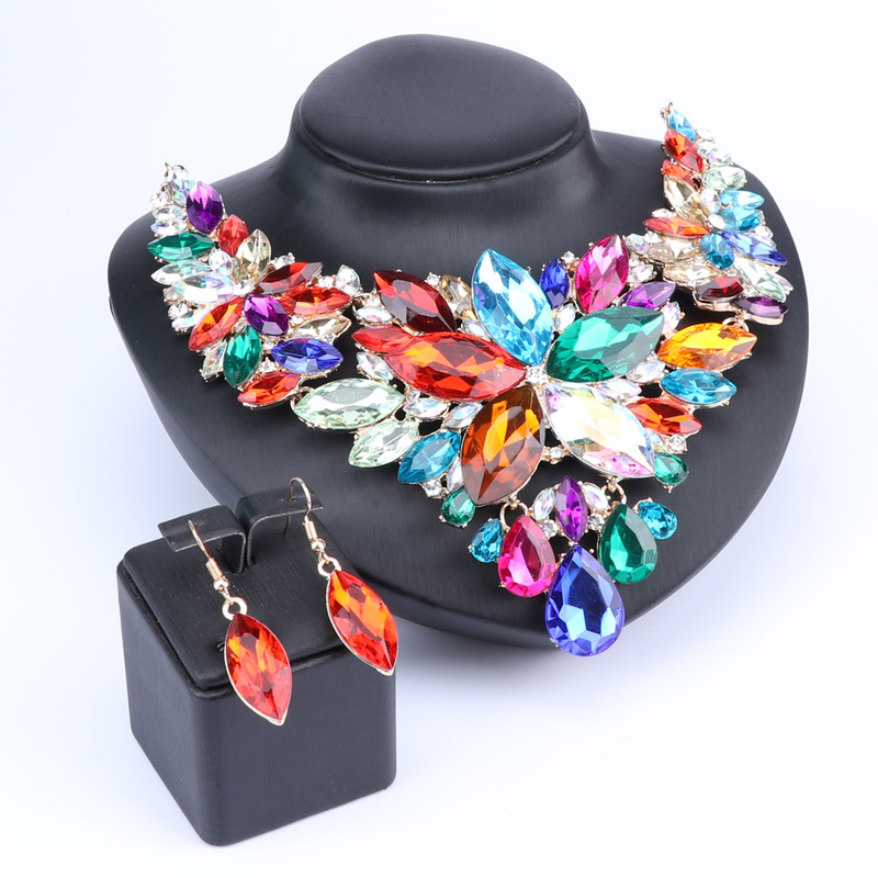 Kristall-Choker-Statement-Halskette, Ohrring-Schmuckset, Strass-Hochzeitsgeschenk, Frauen, Bräute, Abschlussball, Party_voghion.com