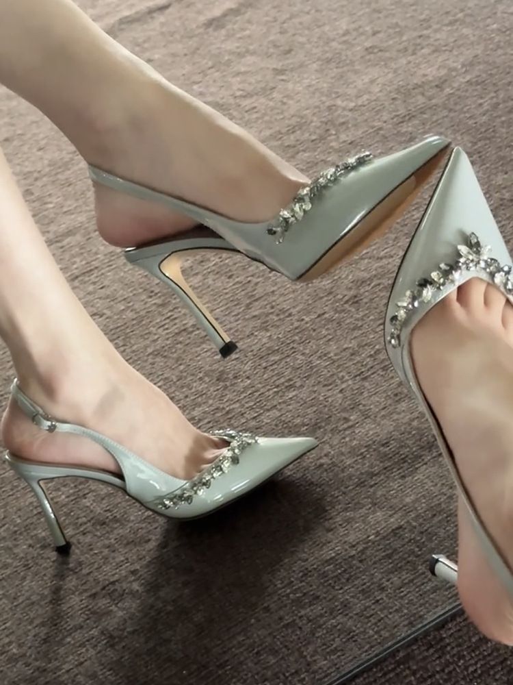 2025 Novo Verão Siamese Nude Cor Strass Salto Alto, Temperamento Pontudo, Sandálias Femininas Com Capuz,_voghion.com