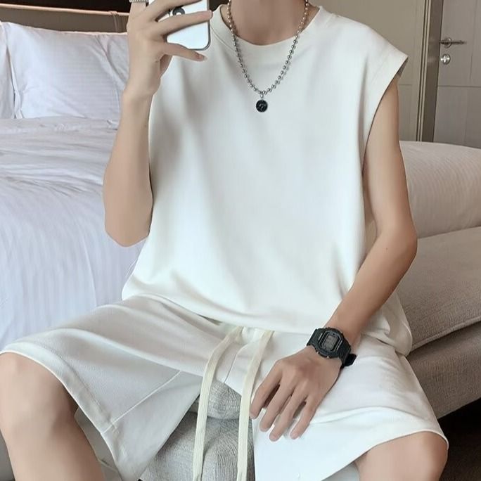 Casual Men's Sleeveless Vest Summer Thin Trendy Top Solid Color Versatile Sports Loose Two-Piece Set_voghion.com