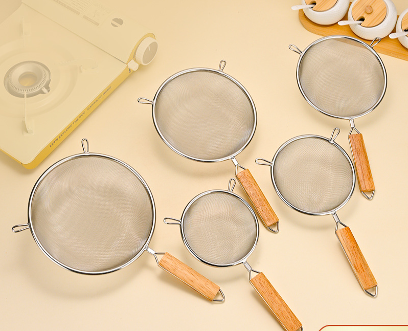 Stainless Steel Mesh Sieve Filter Wooden Handle, Oil Strainer, Flour Sieve, Multiple Sizes With Hanging Ear_voghion.com