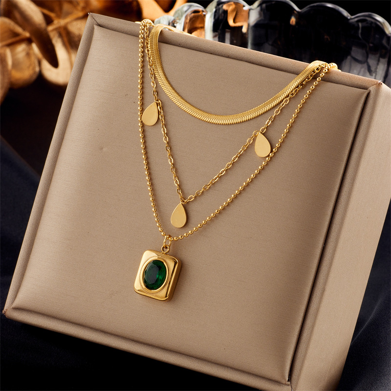 French retro emerald multi-layer titanium steel necklace fashionable popular geometric square teardrop clavicle chain_voghion.com