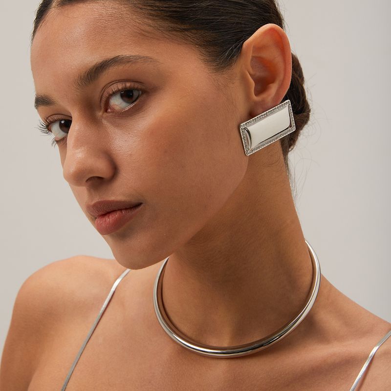 INS trendy gold inlaid diamond smooth rectangular earrings, stainless steel personalized jewelry_voghion.com